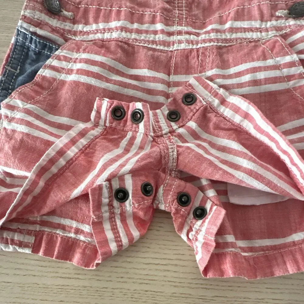 OshKosh B'gosh 12M Pink White Stripe Denim Trim Overall Shortalls Romper